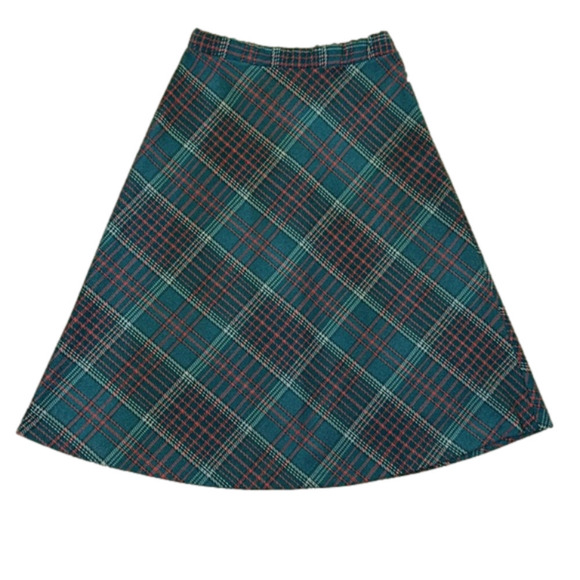 Vintage Turquoise Blue Plaid Blend A-Line Midi Skirt -Size 12, New With Tags - Picture 1 of 9